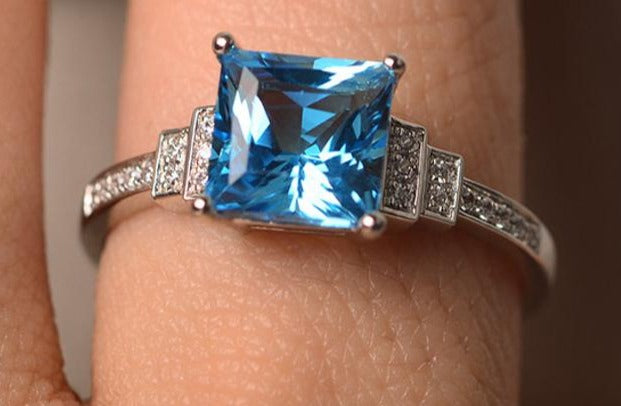 1 CT Princess Cut Blue Topaz Diamond 925 Sterling Sliver Women Engagement Promise Ring