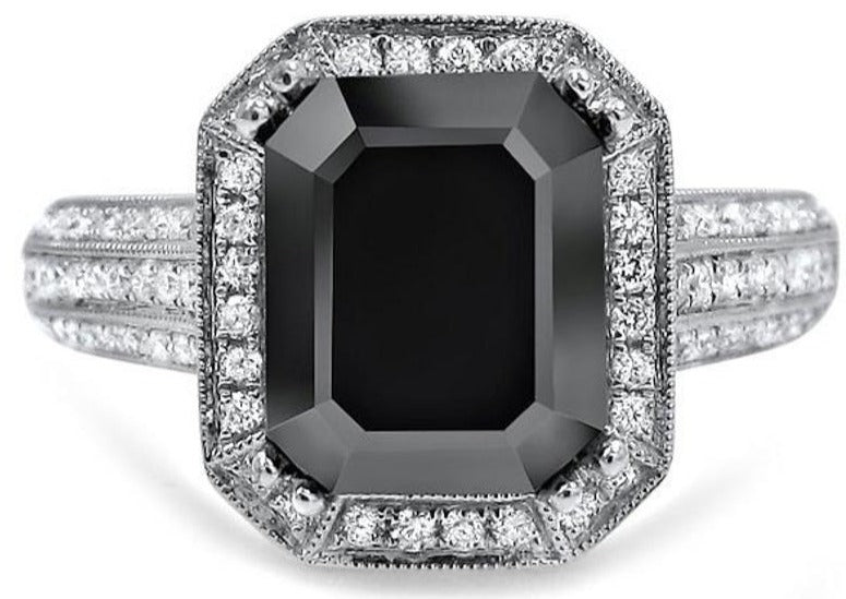 3 CT Emerald Cut Black Cubic Zirconia Diamond 925 Sterling Silver Engagement Halo Ring