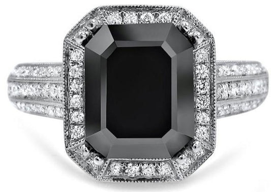 3 CT Emerald Cut Black Cubic Zirconia Diamond 925 Sterling Silver Engagement Halo Ring