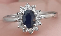 1 CT Oval Cut Blue Sapphire Diamond 925 Sterling Sliver Women Engagement Cluster Halo Ring