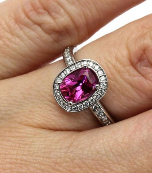 2 CT 925 Sterling Silver Pink Sapphire Cushion Cut Diamond Unique Engagement Halo Ring