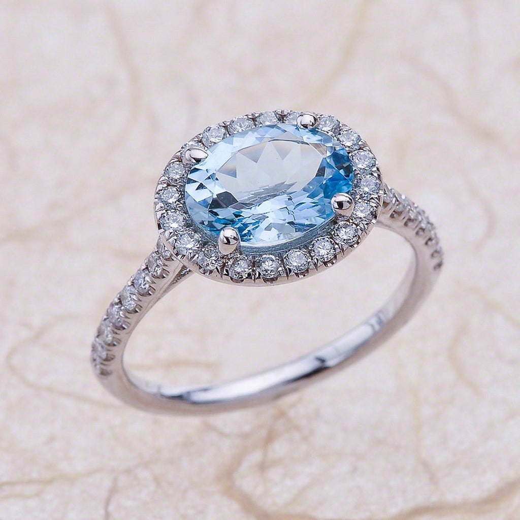 2 CT 925 Sterling Silver Aquamarine Oval Cut Diamond Engagement Halo Ring