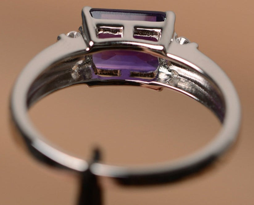 1 CT Emerald Cut Amethyst Purple Diamond 925 Sterling Sliver Women Engagement Promise Ring