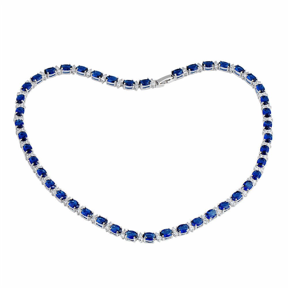 45 CT Oval Cut Blue Sapphire & Diamond 14K White Gold Over Tennis 16" Necklace - atjewels.in
