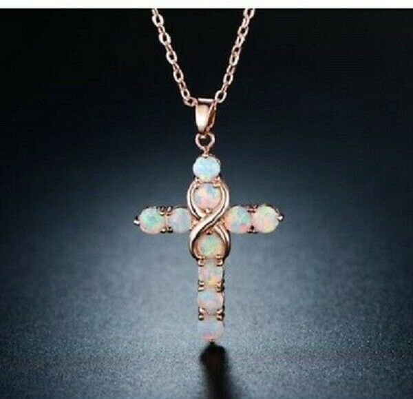 2 CT Round Cut Fire Opal 925 Sterling Sliver Religious Infinity Cross Pendant