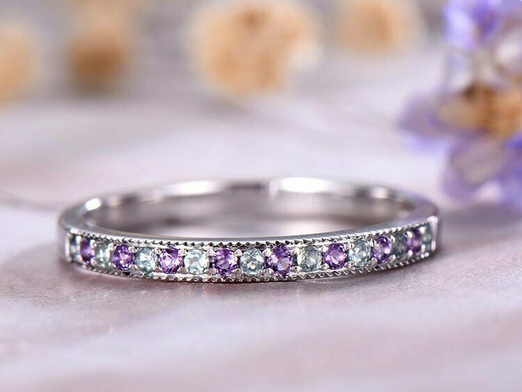 1 CT Round Cut Aquamarine 14k White Gold Over Amethyst Eternity Bridal Band Ring - atjewels.in