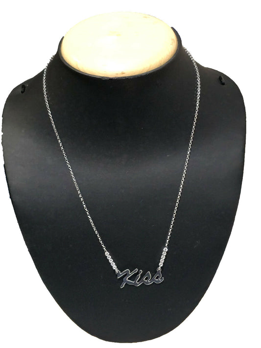 925 Sterling Silver Round Cut Diamond "KISS" Pendant 16" Adjustable Necklace
