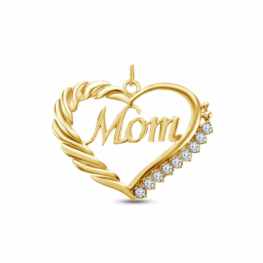 Round Cut Diamond 14K Yellow Gold Finish On 925 Sterling Silver Diamond Mom Heart Engagement Pendant