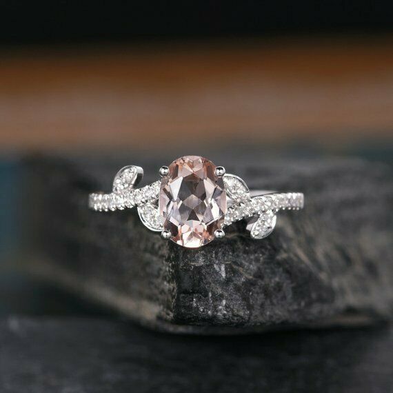 2 CT Oval Cut Morganite 14k White Gold FN Solitaire Leaf Diamond Engagement Ring - atjewels.in
