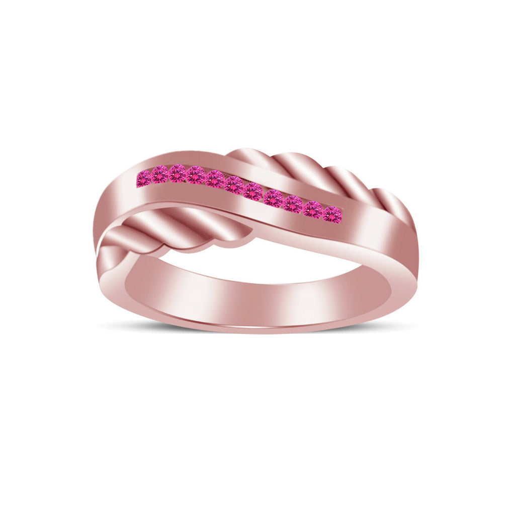 14K Rose Gold Over Round Cut Pink Sapphire Wedding Anniversary Women's Band Ring - atjewels.in