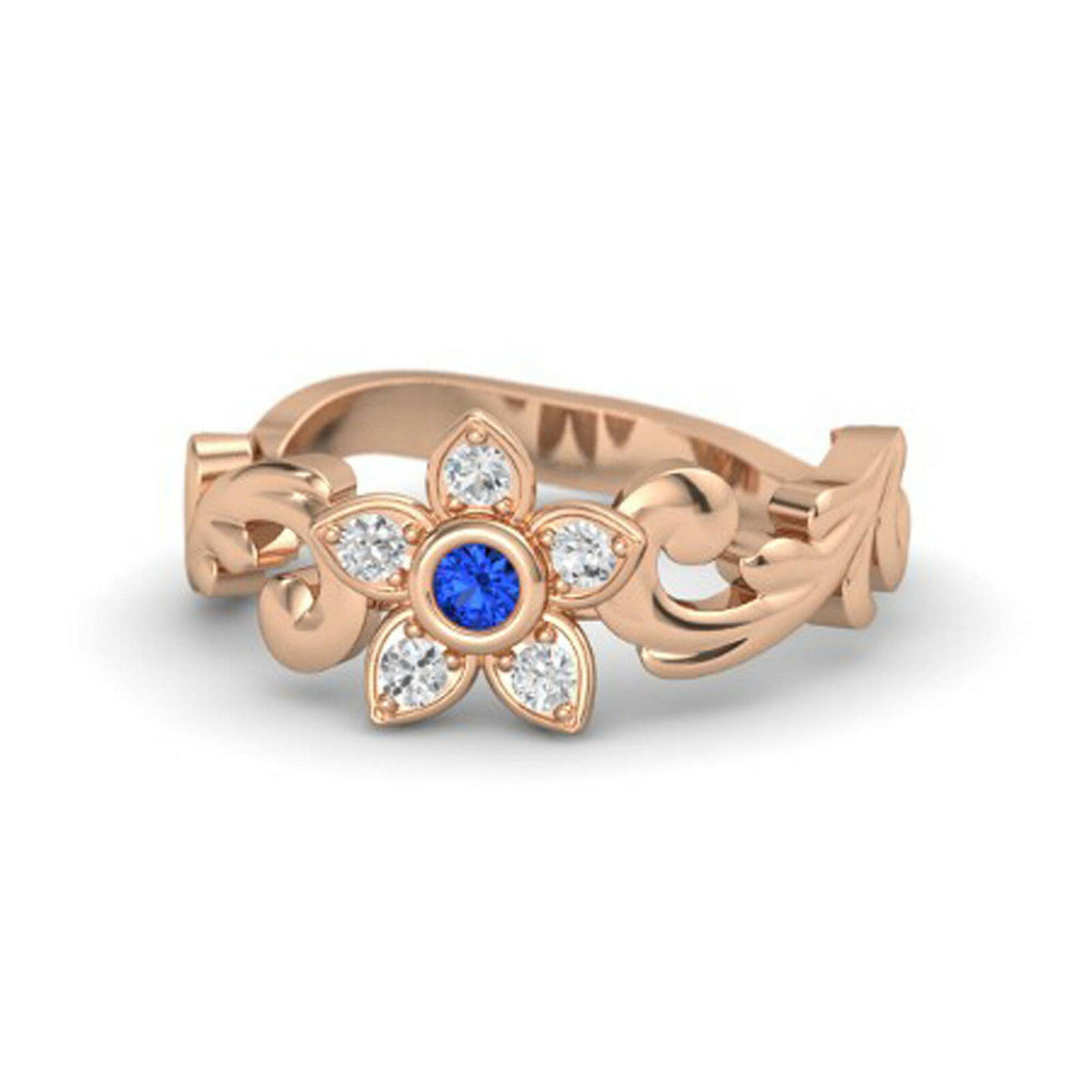 1/2 Ct 14k Rose Gold Over Round Cut Blue Sapphire & Diamond Halo Flower Ring - atjewels.in