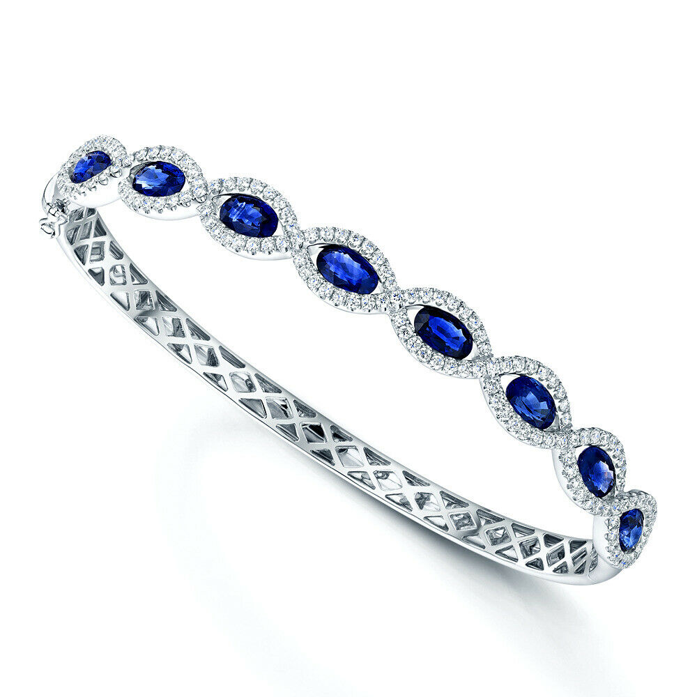 12 CT Oval Cut Blue Sapphire 925 Sterling Silver Diamond Hinge Bangle Bracelet