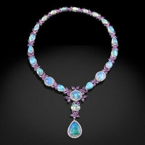 85 CT Multi Cut AAA Ethiopian Opal Cabochon 925 Sterling Silver Amethyst Necklace