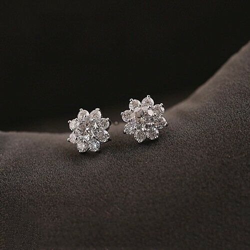 925 Sterling Silver CT Round Cut Diamond Halo Flower Stud Women's Earrings