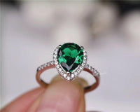 925 Sterling Sliver Pear Cut Green Emerald & Diamond Halo Anniversary Ring