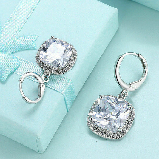 3CT Cushion Cut Diamond 925 Sterling Silver Halo Drop Dangle Lever Back Earrings
