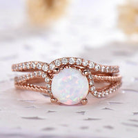 14k Rose Gold FN Round Cut Fire Opal Split Shank Wedding Diamond Bridal Ring Set - atjewels.in