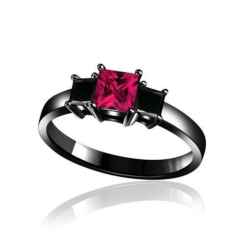 1/2Ct Princess Cut Pink Sapphire 14K Black Gold Over Three Stone Engagement Ring - atjewels.in