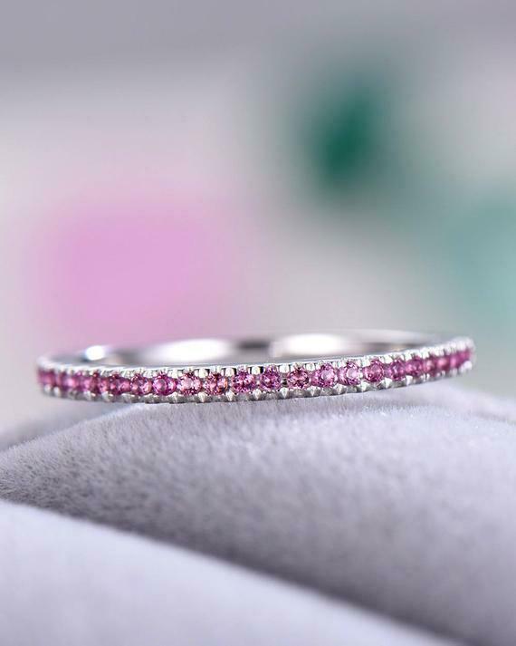 1 CT Round Cut Pink Tourmaline 14k White Gold Over Half Eternity Wedding Ring - atjewels.in