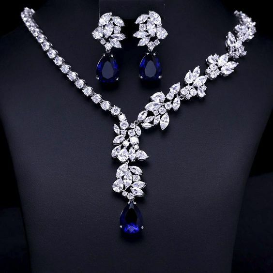 80CT Pear Cut Blue Sapphire 14k White Gold Over Diamond Cluster Wedding Necklace - atjewels.in