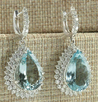 2 CT Pear Cut Aquamarine Teardrop Diamond 925 Sterling Sliver Hoop Drop Halo Bridal Wedding Earrings