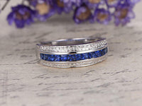1.5 CT Princess Cut Blue Sapphire 14k White Gold Over Diamond Wedding Band Ring - atjewels.in
