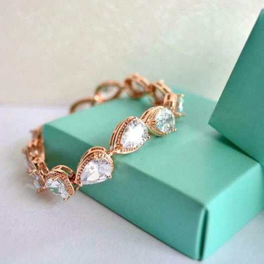 15 CT Pear Cut Diamond 14k Solid Rose Gold Over Tear Drop Tennis 7" Bracelet - atjewels.in