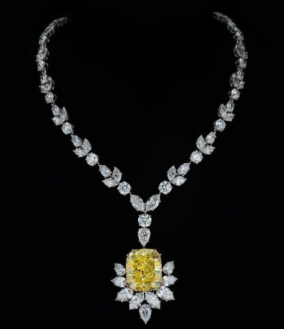 75 CT Cushion Cut Yellow Sapphire 14k White Gold Over Diamond Drop 16" Necklace - atjewels.in