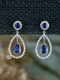 3 CT Round Pear Cut Blue Sapphire 925 Sterling Silver Tear Drop Diamond Earrings