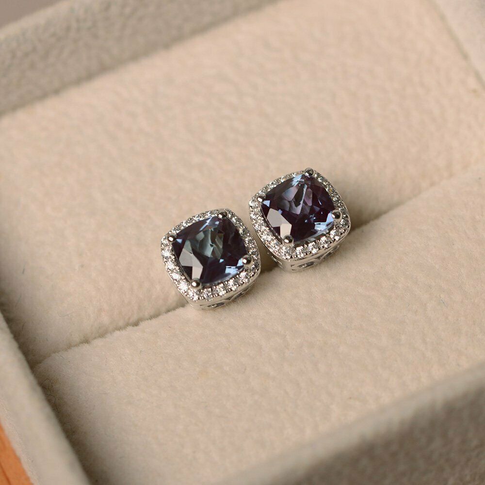 2CT Cushion Cut Alexandrite 14k Solid White Gold Over Halo Diamond Stud Earrings - atjewels.in