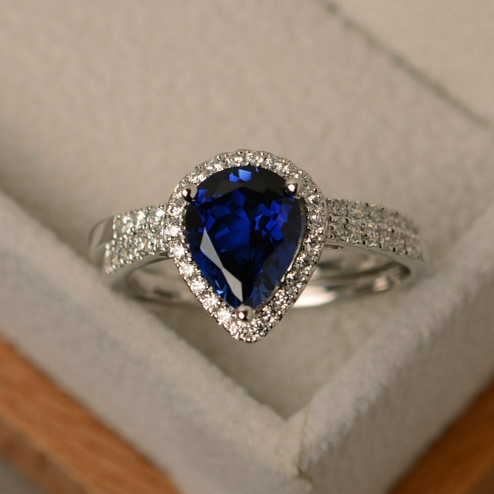 2 CT Pear Cut Blue Sapphire 925 Sterling Sliver Bridal Eternity Diamons Ring