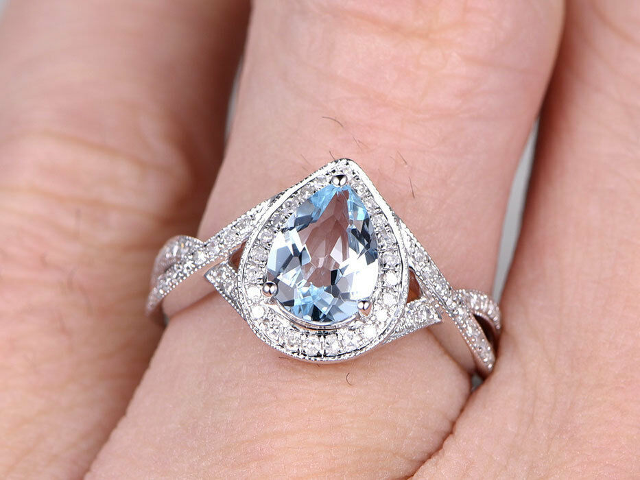 2 CT Pear Cut Aquamarine Diamond Halo Infinity Engagement 14k White Gold FN Ring - atjewels.in
