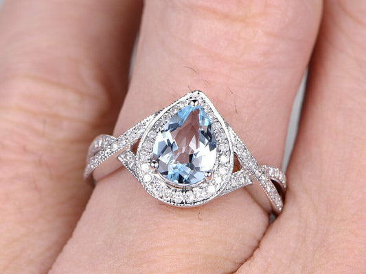 2 CT Pear Cut Aquamarine Diamond Halo Infinity Engagement 14k White Gold FN Ring - atjewels.in