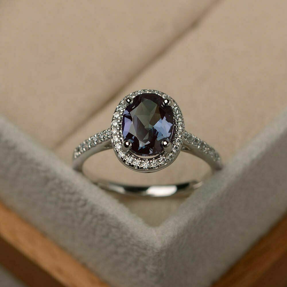2CT Oval Cut Alexandrite Diamond 925 Sterling Silver Engagement Anniversary Ring