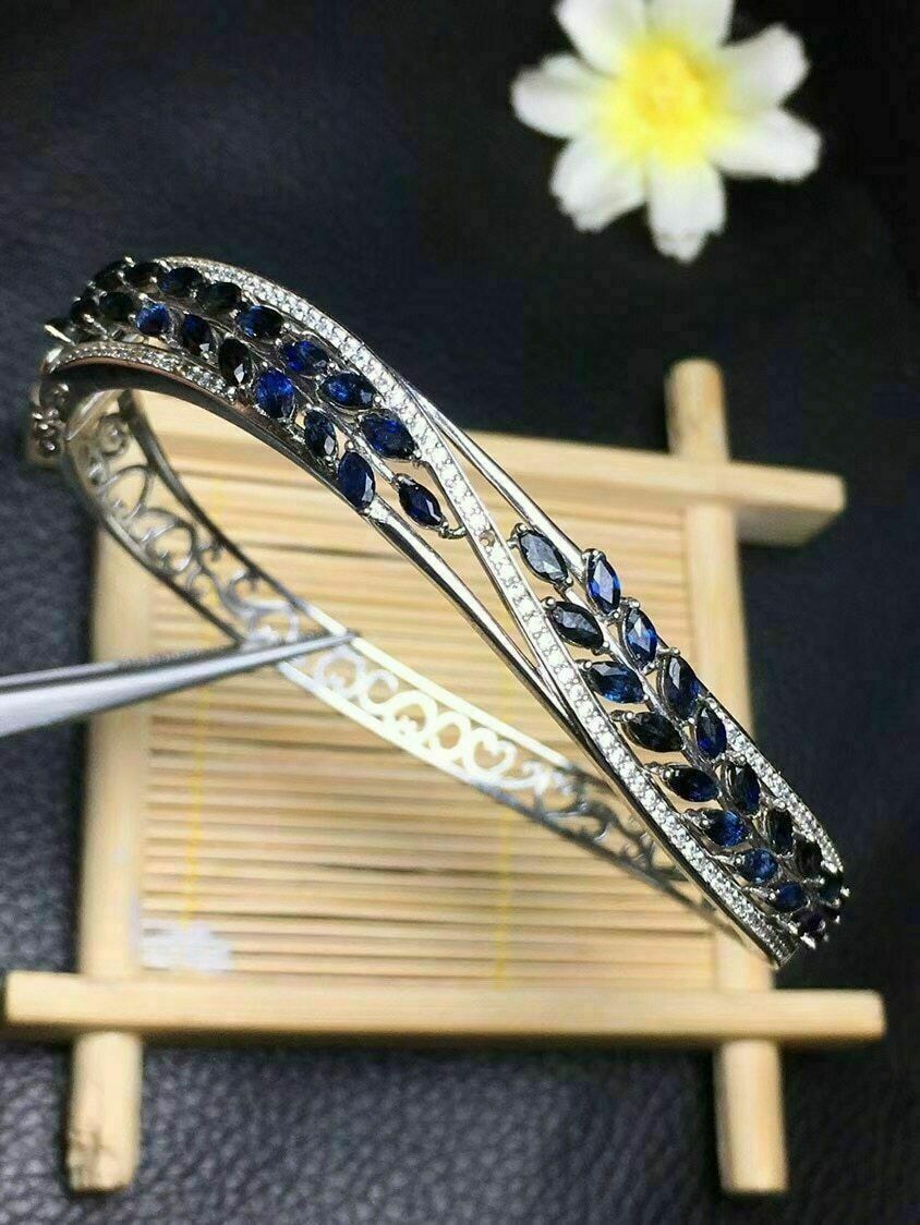 14k White Gold FN Leaves Diamond 15CT Marquise Cut BlueSapphire Bangle Bracelet - atjewels.in