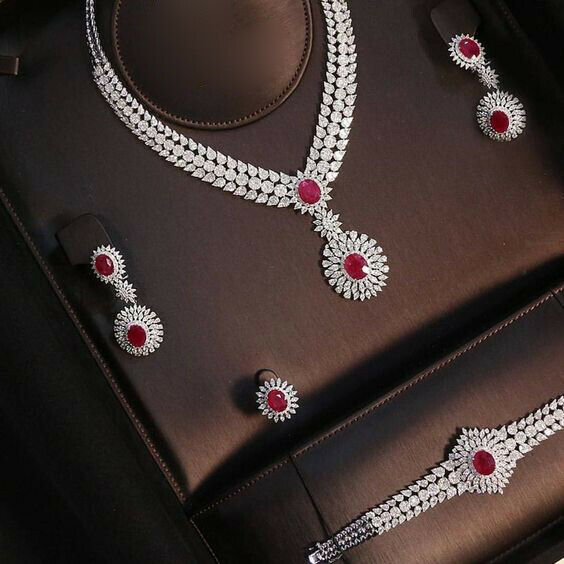 14k Solid White Gold Over Oval Cut Red Ruby Cluster Wedding Neckalce Jewelry Set - atjewels.in