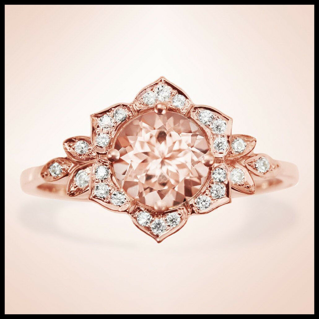 2 CT Round Cut Morganite 14k Rose Gold Over Lotus Diamond Engagement Womens Ring - atjewels.in