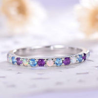 14k White Gold Over Round Cut Blue Topaz & Opal Eternity Anniversary Band Ring - atjewels.in