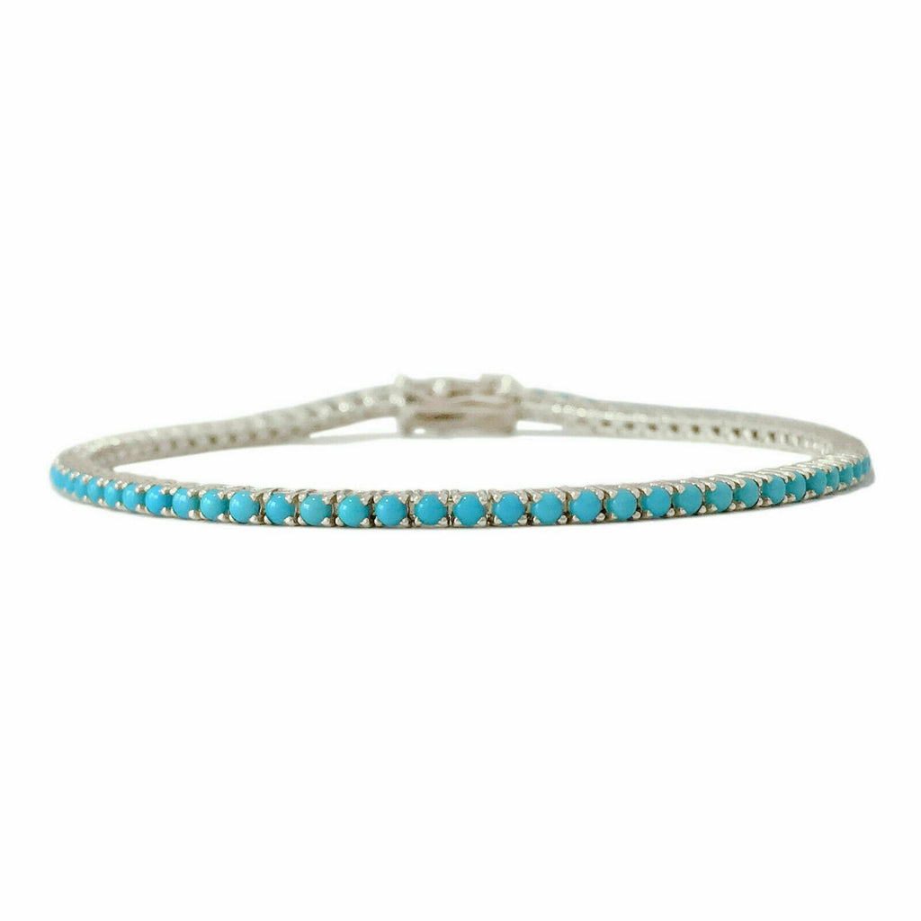 925 Sterling Silver 10 CT Round Cut Blue Turquoise Wedding Tennis 7" Bracelet