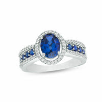 925 Sterling Silver 2 Ct Oval Cut Blue Sapphire & Diamond Halo Engagement Ring