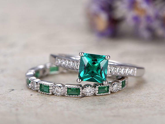 3CT Princess Cut Emerald 14k White Gold Over Diamond Engagement Wedding Ring Set - atjewels.in