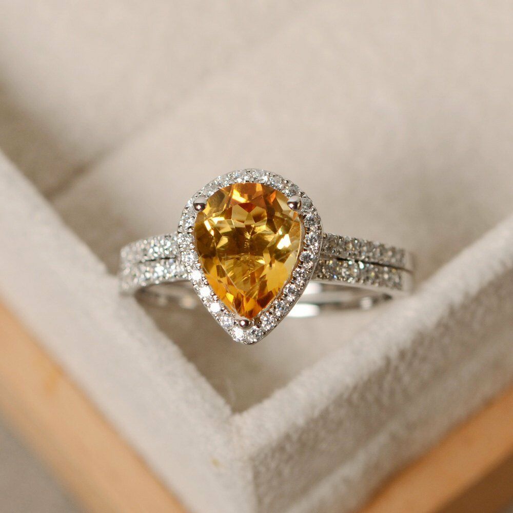 2CT Pear Cut Citrine 14k White Gold Over Halo Bridal Diamond Engagement Ring Set - atjewels.in