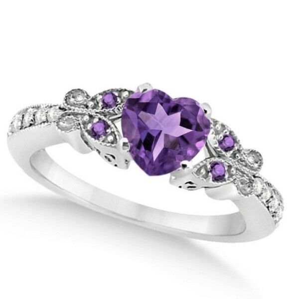 2 CT Heart Cut Amethyst 925 Sterling Sliver Diamond Butterfly Engagement Ring