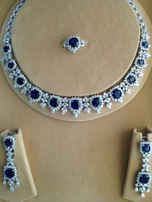 85 CT Cushion Cut Blue Sapphire 14k White Gold Over Diamond Bridal Jewelry Set - atjewels.in