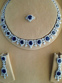 85 CT Cushion Cut Blue Sapphire 14k White Gold Over Diamond Bridal Jewelry Set - atjewels.in
