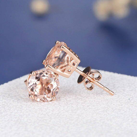 1 CT Round Cut Morganite 925 Sterling Silver Gold Over Solitaire Womens Stud Earrings