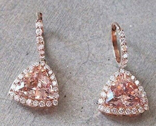 925 Sterling Silver 3 CT Trillion Cut Morganite Halo Diamond Womens Drop Earrings