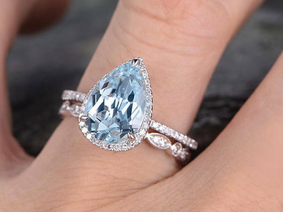 Cushion Cut Aquamarine Engagement Ring Set Aquamarine Ring for Women  Vintage Rose Gold Diamond Ring March Birthstone Ring Bridal Set Gifts - Etsy