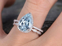 5 CT Pear Cut Aquamarine Engagement Diamond 925 Sterling Silver Bridal Ring Set