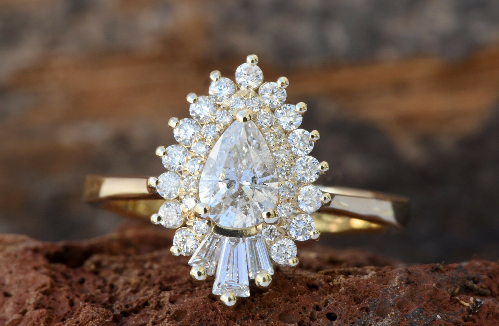 1CT Pear Round Cut Diamond 14K Yellow Gold Over Cluster Baguette Engagement Ring - atjewels.in